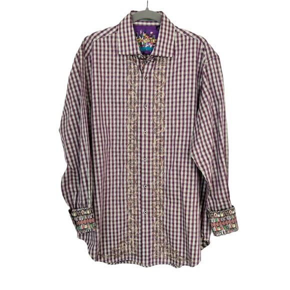 Robert Graham Other - Robert Graham Men's Sz L Embroidered Purple Green Check Flip Cuff Doors Floral
